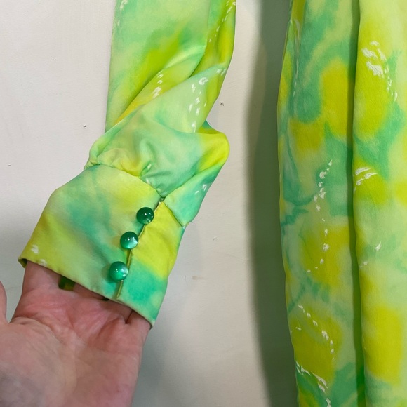 Vintage 70s Dress Green Yellow Maxi Chiffon Long Longsleeve Gown‎ Size Medium - Picture 5 of 10